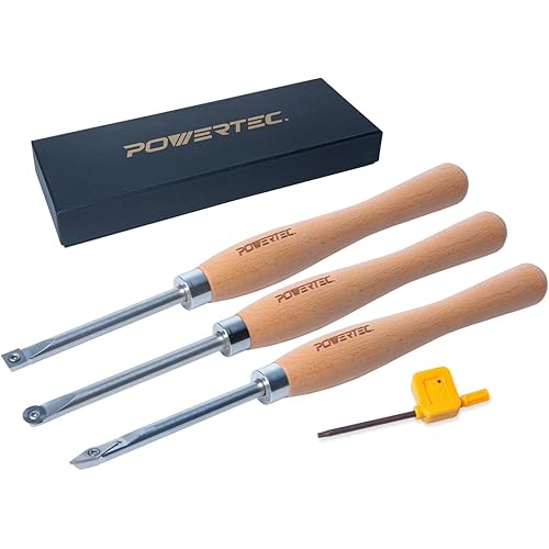 POWERTEC 3 Pcs Carbide Lathe Tools for Woodturning, Wood Lathe Tools with Flat Edge Square, Round and Diamond, T15 Star Key Wrench, Lathe Tools with Replaceable Blade (71825)