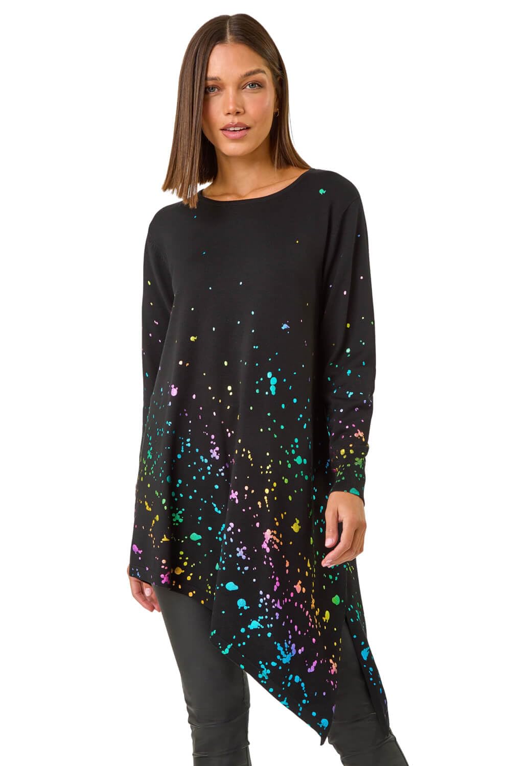 Roman Border Splash Foil Print Tunic for Women UK - Ladies Autumn Everyday Winter Holiday Round Neckline Comfy Long Sleeve Soft Asymmetric Hem Shirt Office Desk Tops - Black - Size 10