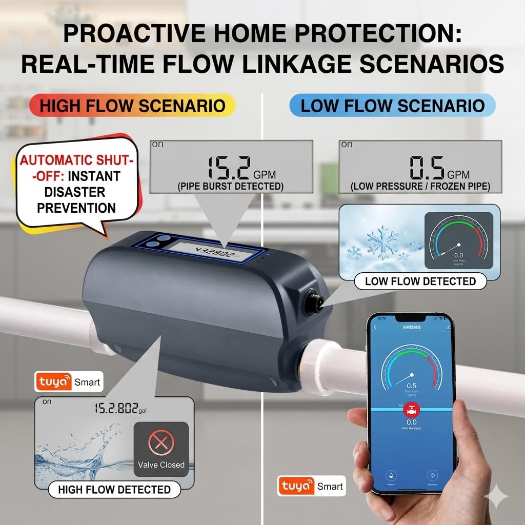 Válvula de Agua Inteligente Haozee WiFi con Cierre automático, Funciona con detectores de Fugas y medidores de Flujo, batería integrada, para tuberías de 3/4" DN20.