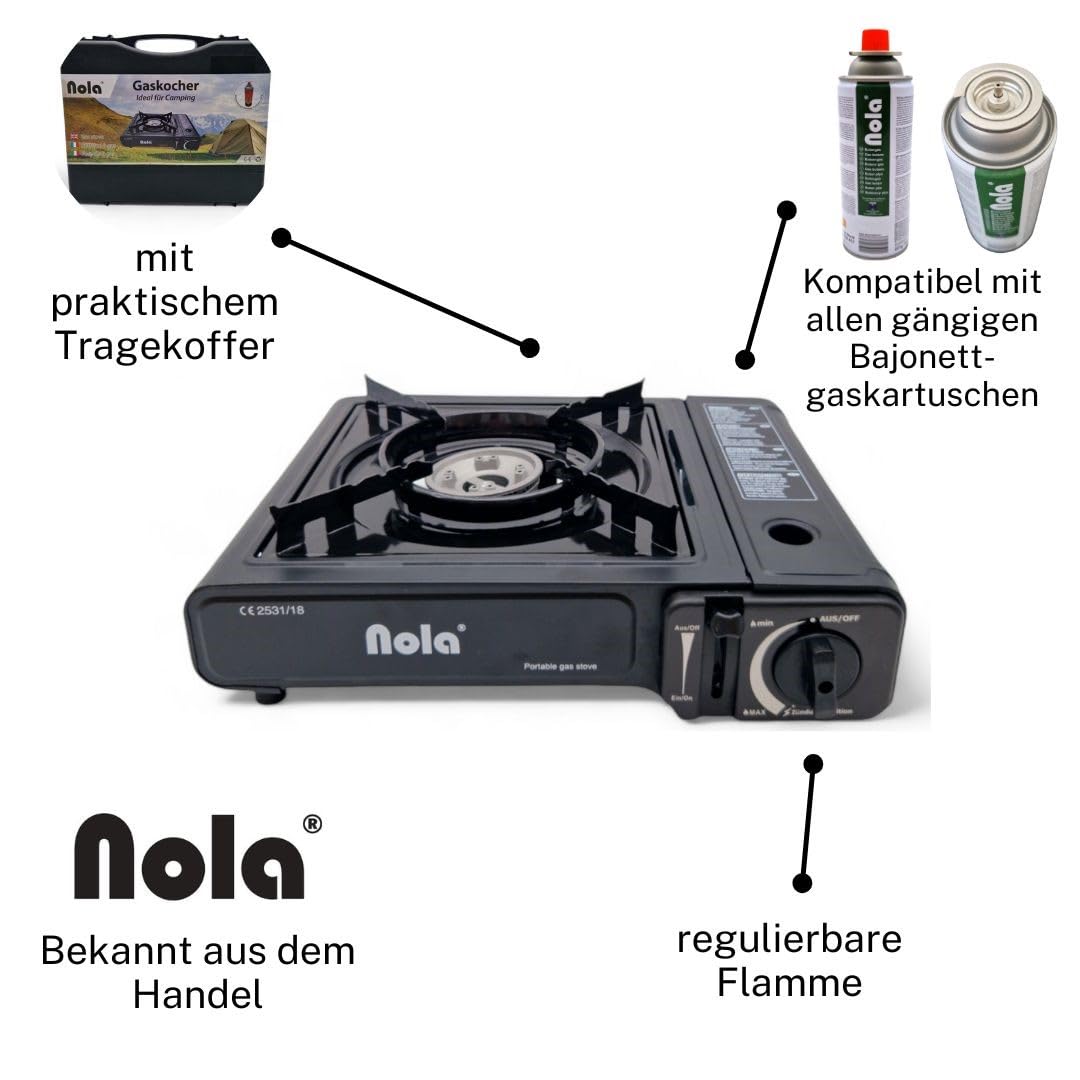 NOLA Set di fornelli a gas con valigetta per il trasporto e cartucce a gas, quantità a scelta, campin/pieko/fornello (fornello a gas con 12 cartucce a gas)