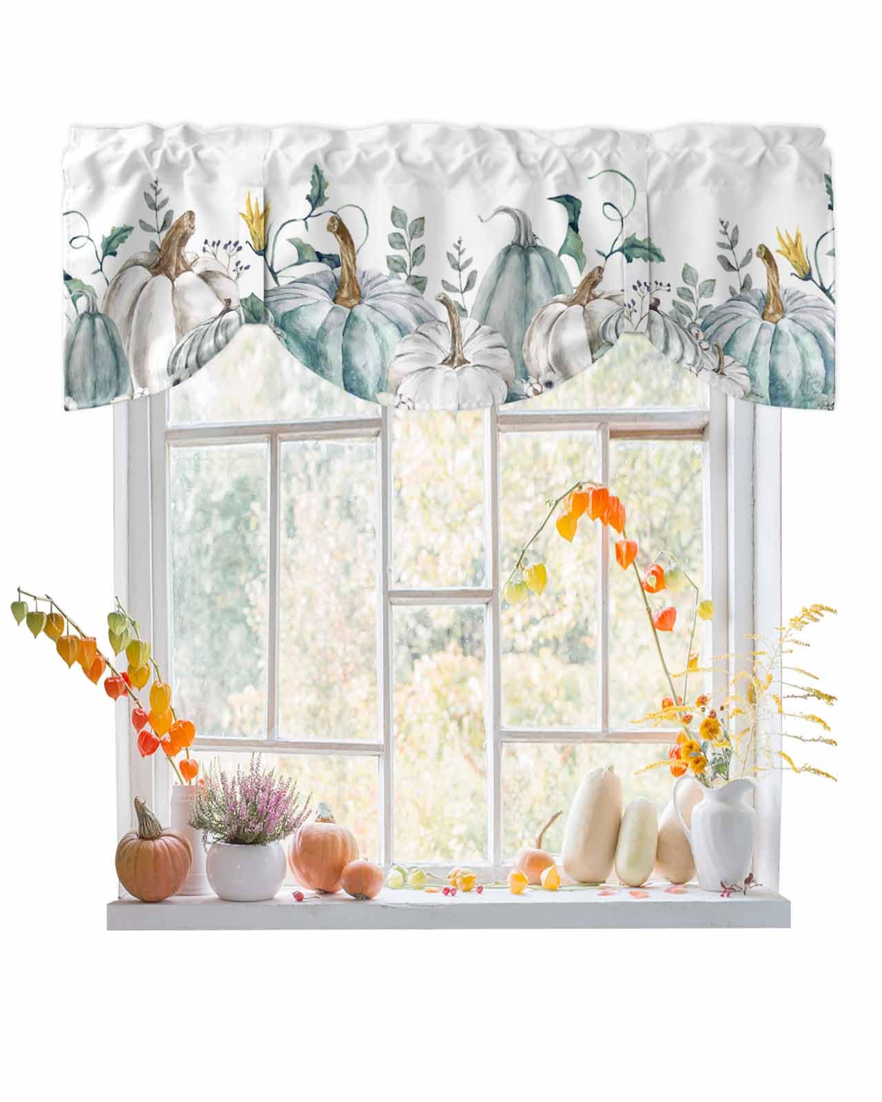 Fall Thanksgiving Tie Up Valance Curtains for Living Room, Pumpkin Valances for Kitchen Windows, Teal Rod Pocket Window Valance Adjustable Window Treatment for Bathroom Bedroom 42