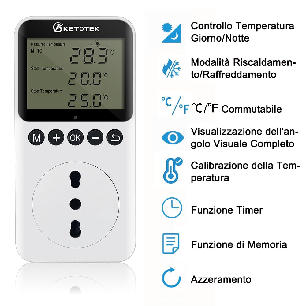 KETOTEK Digital Tag/Nacht Thermostat Steckdose mit Zeitschaltuhr 230V mit Fühler