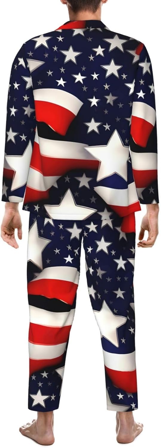 American Flag Stars Stripes Print Luxurious Mens Pajamas Set,Soft Breathable Pajamas, Perfect For Winter Christmas