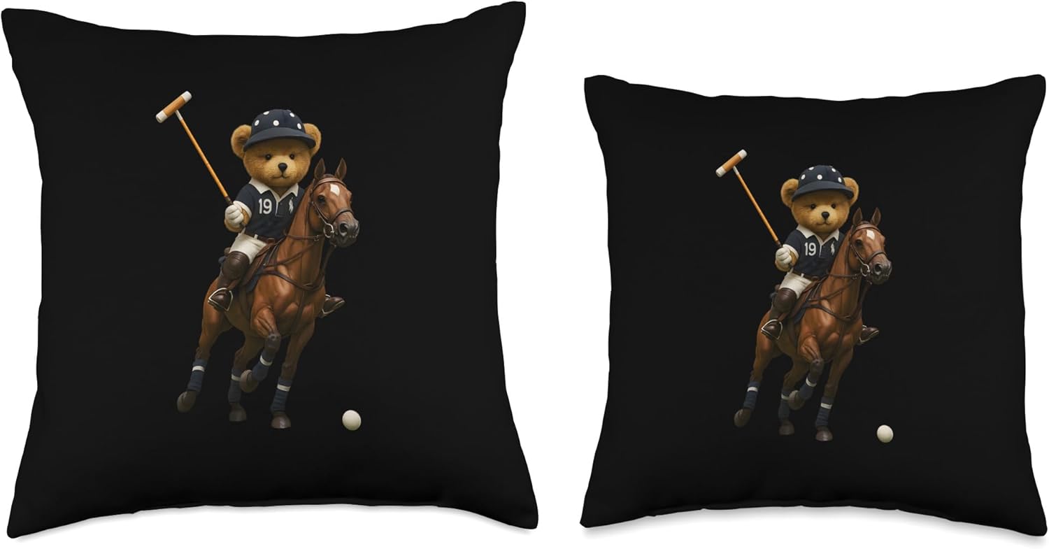 Cool Teddy Bear Playing Horse Polo Game Illustration Graphic Throw Pillow