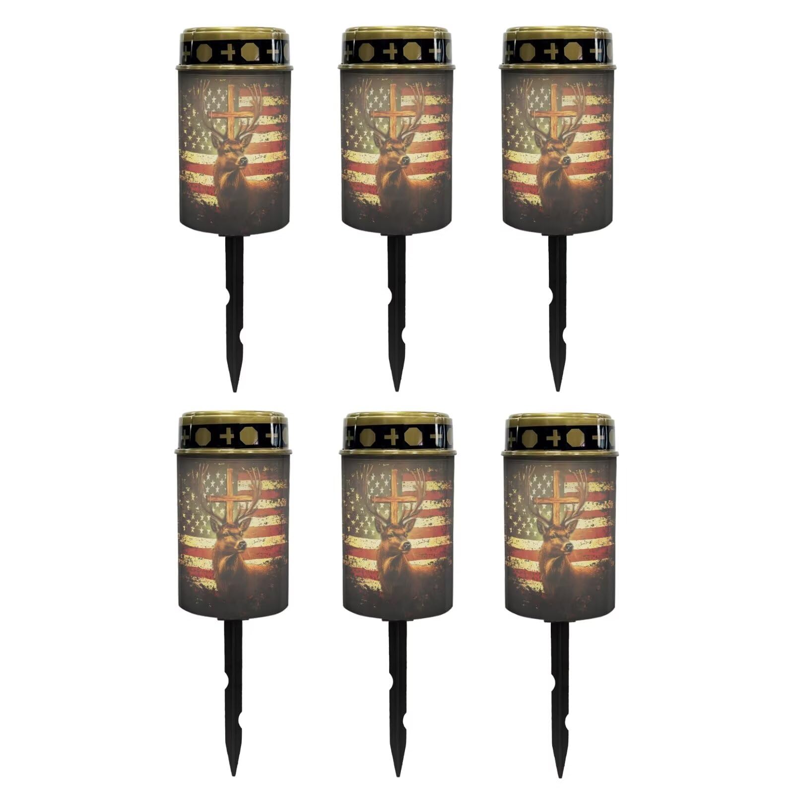Poceacles Deer American Flag Vintage Pattern Solar Lights Outdoor Solar Powered Outdoor Cemetery Stake Candle Grave Lamp Landscape Lighting Waterproof Grave Flameless Candle, Pack of 6