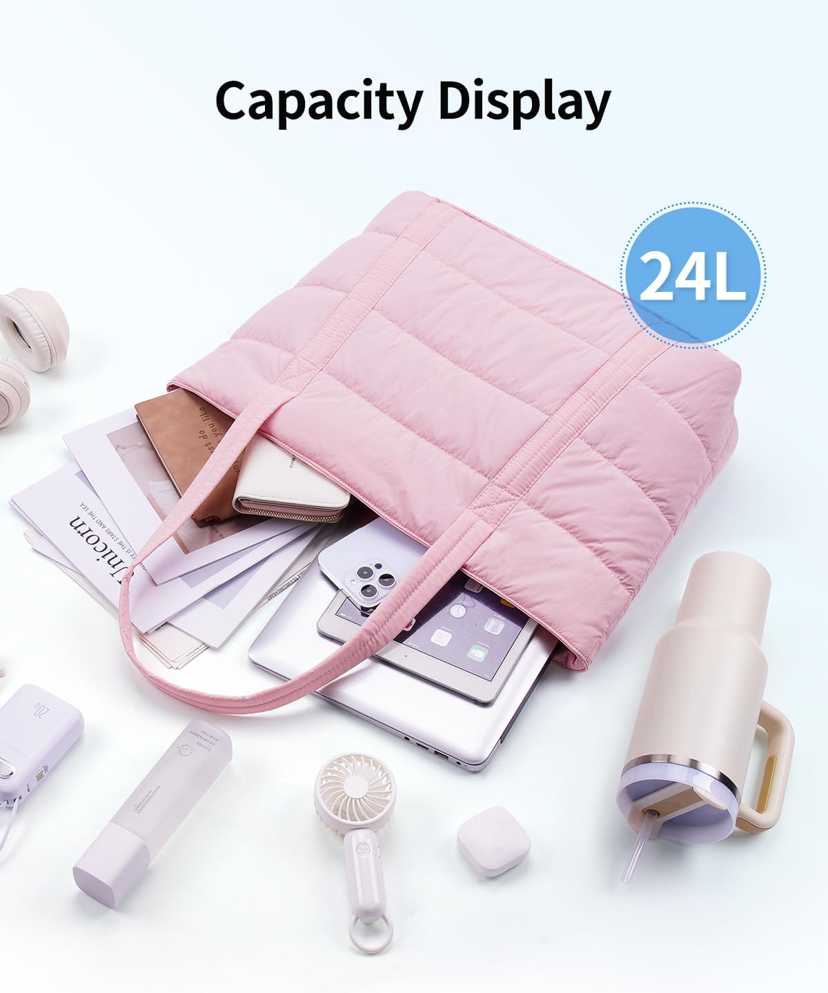 Narwey Puffer Tote Bag for Women with Cup Holder & Laptop Compartments, Quilted Puffy Travel Work Tote Bags for Nurse Teacher - Image 9