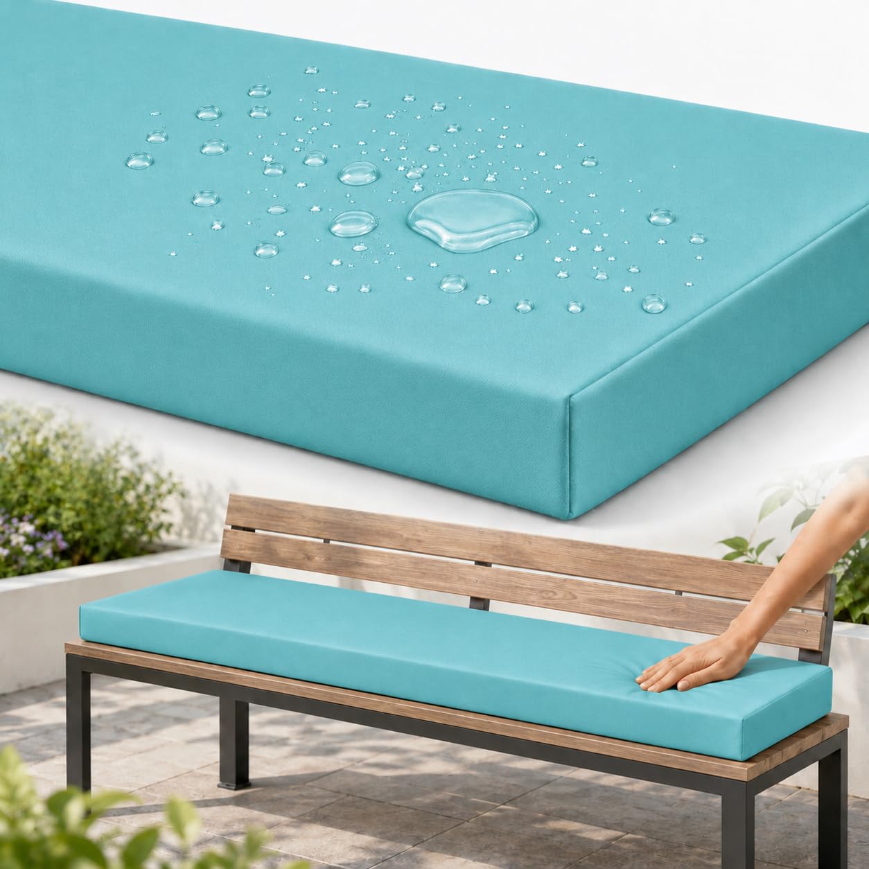 AZMAHT Bench Cushion Outdoor, Garden Bench Cushion with Waterproof Polyester Cover, 50D Foam, Non-Slip Base, 2 Ties, Removable Zip Cover for Patio, Bay Window, Garden Swing,Sky Blue,180x45x5cm
