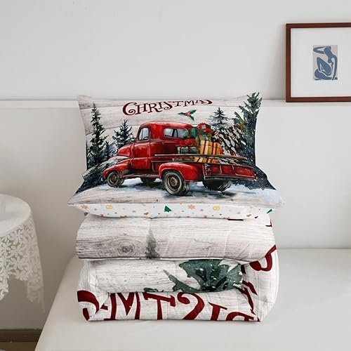 Miniatura 5 de Juego de edredón de Feliz Navidad, tamaño Queen, juego de edredón vintage de camión de Navidad rojo y negro, juego de ropa de cama de 3 piezas para