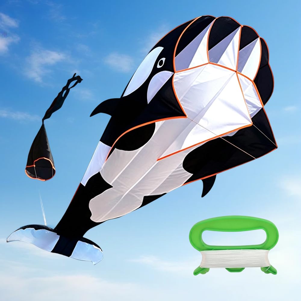 NKFBEV Giant 3D Dolphin Kite 210 x 120 cm, Large Beach Kite, Giant Whale Kites with 50 M KiteLine and Strip Tails, Single Line Flight Kites, 3D Kites for Kids and Adults, for Lawn, Beach, Parks