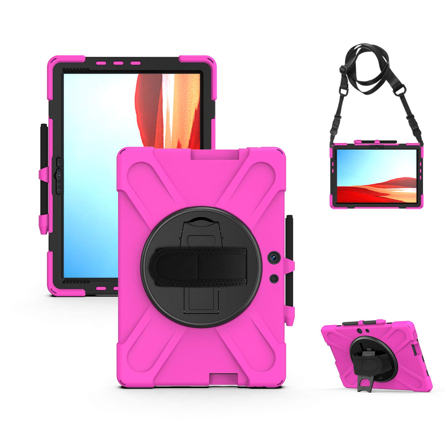 Coque Surface Pro X rose rouge avec béquille rotative et bandoulière ajustable - 8