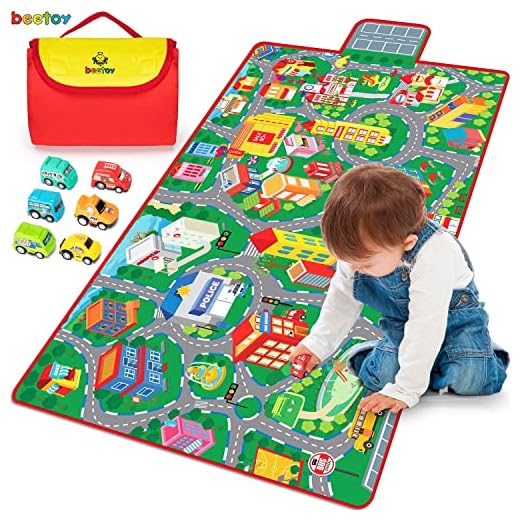 beetoy Car Rug Play Mat, Car Mat for Kids Toy Cars, Car Play Rug Toy Car Mat Large Car Play Mats for Kids City Life Race Car Track Rug Portable Anti-Slip Educational Rug with Roads for 6 Toy Cars
