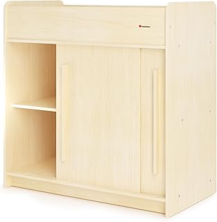 Foundations SafeGlide Daycare Changing Table, Durable Wood Construction, Built-in Shelving for Ample Storage, Gliding Doors, Adjustable Safety Strap, Includes Foam Mattress Pad (Natural)