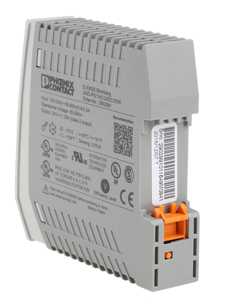 PHOENIX CONTACT UNO-PS/1AC/24DC/30W AC/DC CONVERTER, 30W, 24V, 1.25A