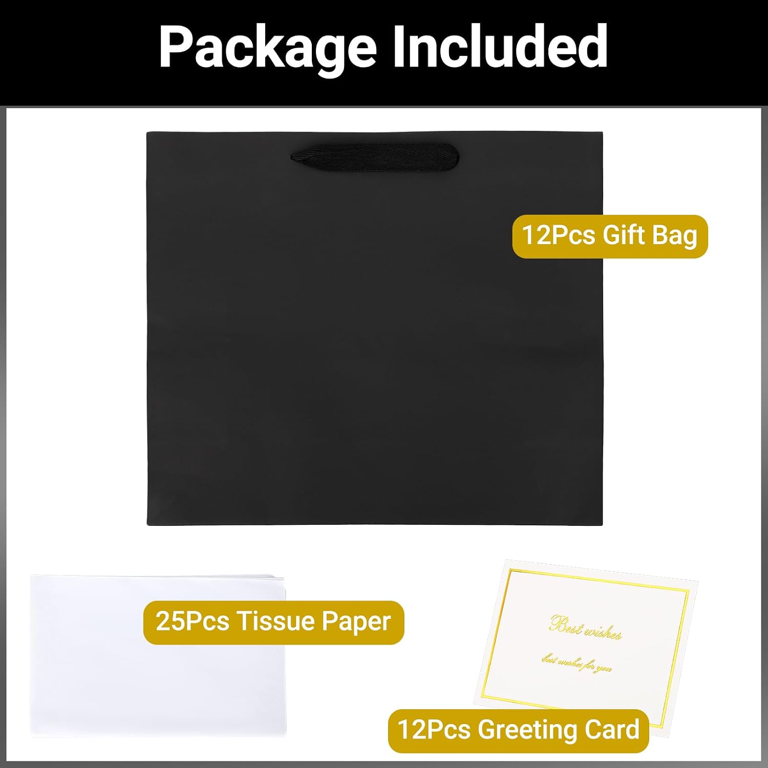 EUSOAR Black Gift Bags, 12pcs 12.5"x4.5"x11" Large Kraft Paper Gift Wrap Bags with Handles 25pcs 20"x30" White Bulk Tissue Paper and 12pcs White/Gold Blank Greeting Cards for Shopping Wedding Party