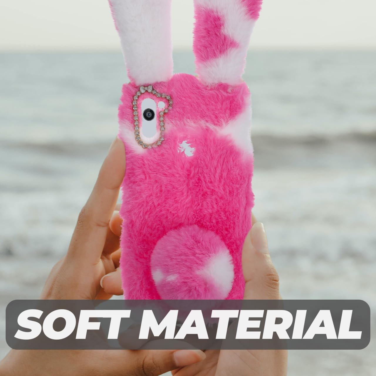 Mikikit Pink Fluffy Plush Case for A11, Cute Spotted Bunny Furry Girly Cover 3D Fuzzy Protective Case Rabbit Cony Hair Kawaii Toy Fun Women Phone Shell for A11