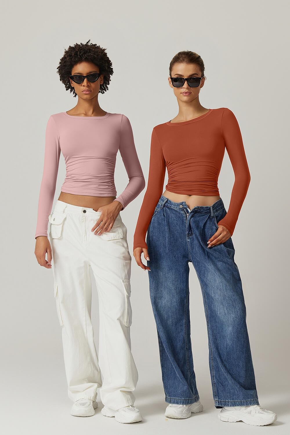 QINSEN Womens Crewneck Long Sleeve Shirt Double Lined Basic Tees Side Ruched Going Out Crop Tops - Image 6