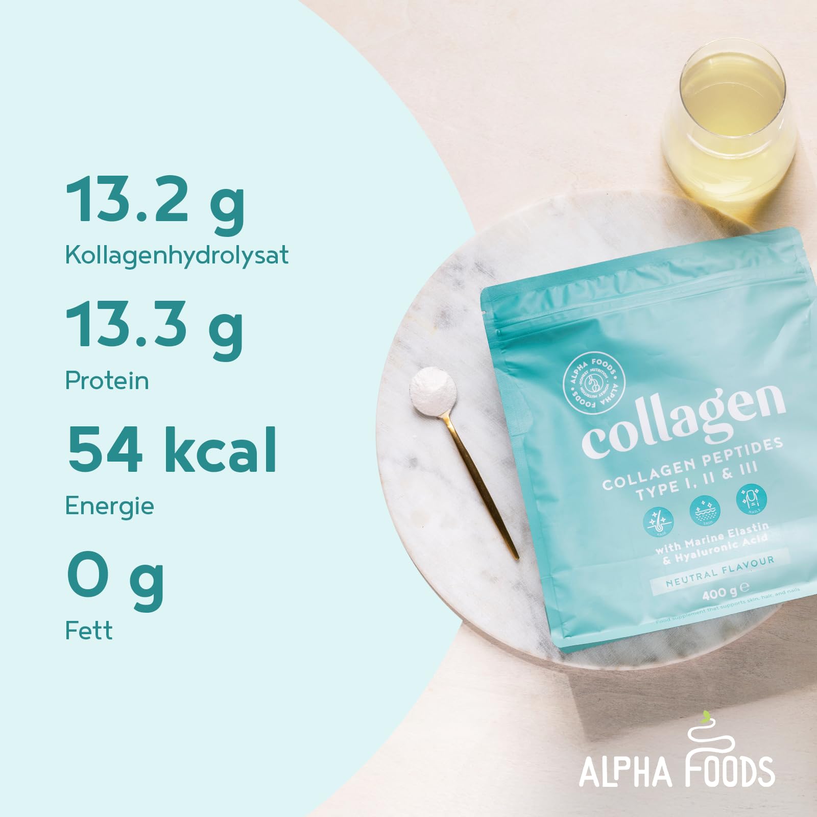 Collagen Pulver [2x 400g] | Premium Kollagen Hydrolysat | Peptide Typ 1 & 3 | Hochdosiert Kollagenpulver mit Hyaluronsäure und Elastin | Geschmacksneutral | in Deutschland hergestellt | Alpha Foods