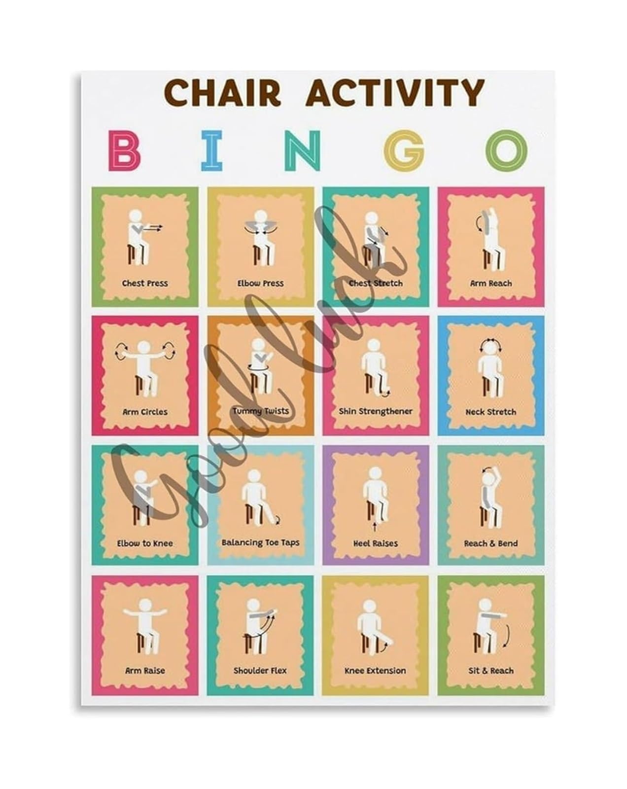 FOPURE Canvas Painting of Chair Activity Bingo Poster Senior Fitness Game Seated Exercise Chart for Retirement Home Wall-Art(Unframed,12x18inch(30x45cm))