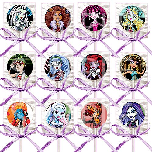 Monster High Lollipops Party Favors Decorations Movie Lollipops w/ Lavender Ribbon Bows Party Favors -12, Ghoul Dolls Frankie Stein Clawdeen Wolf Cleo de Nile Draculaura Ghoulia Yelps Lagoona Blue