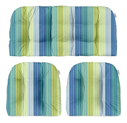 RSH DECOR: Sunbrella 3-Piece Tufted Wicker Cushion Set | for Large Wicker Sets | Outdoor Loveseat & U-Shaped Seat Cushions | Crafted with Sunbrella Performance Fabric | Seville Seaside - Made in USA