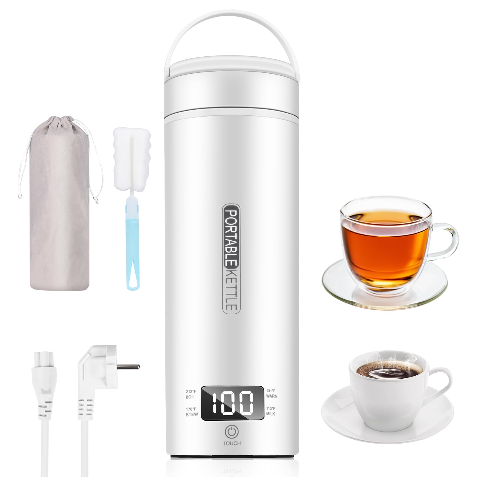 Bollitore elettrico portatile da viaggio, 450 ml, bollitore da viaggio per tè e caffè, spegnimento automatico e protezione a secco con acciaio inossidabile 316, 4 regolatori di temperatura (Bianco)