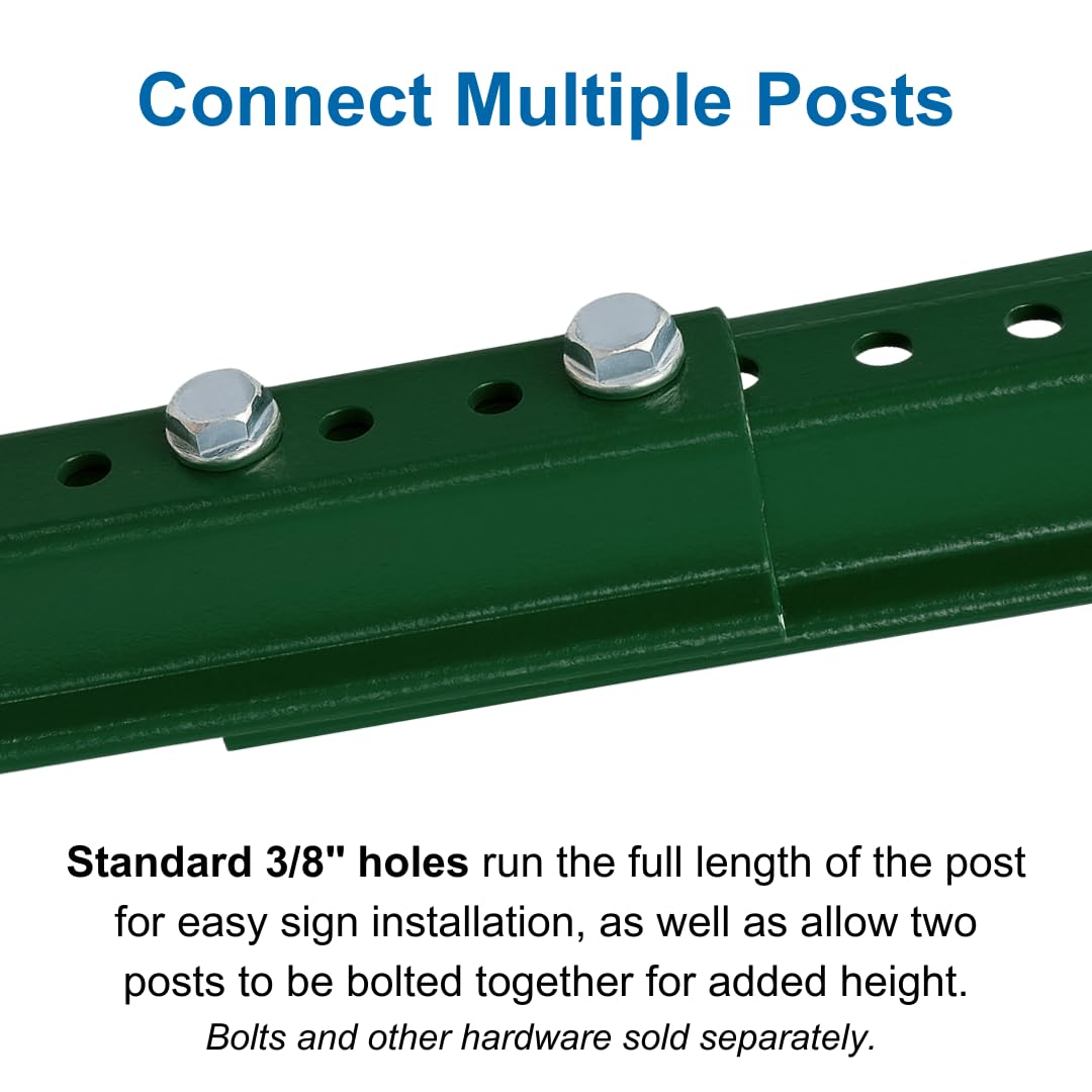 NMC 4 Foot Long Pre Drilled Sign Posts for Outside Use - Heavy Duty Green Baked Enamel Steel U Channel Sign Post - Long Lasting Weatherproof Metal Pole - Made in the USA - P4GR