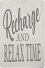 Relax Recharge Metal Tin Sign 8x12 Inch | Charging Station Rustic Decor | Farmhouse Distressed Wall Art | Phone Charge Sign