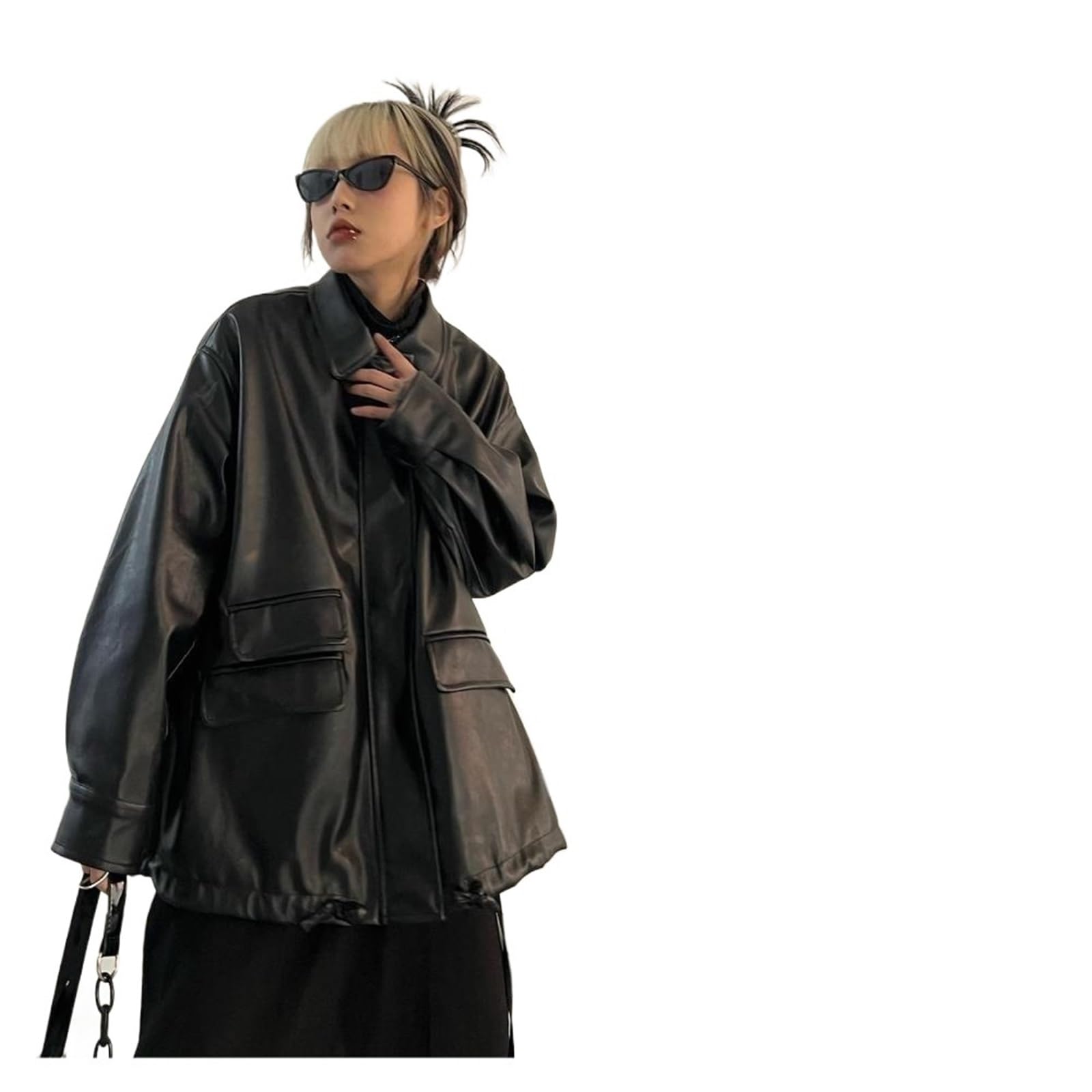 Chaqueta Cuero Mujer Abrigos y chaquetas de cuero for mujer, con bolsillos, manga larga, for otoño primavera, ropa calle Para salir