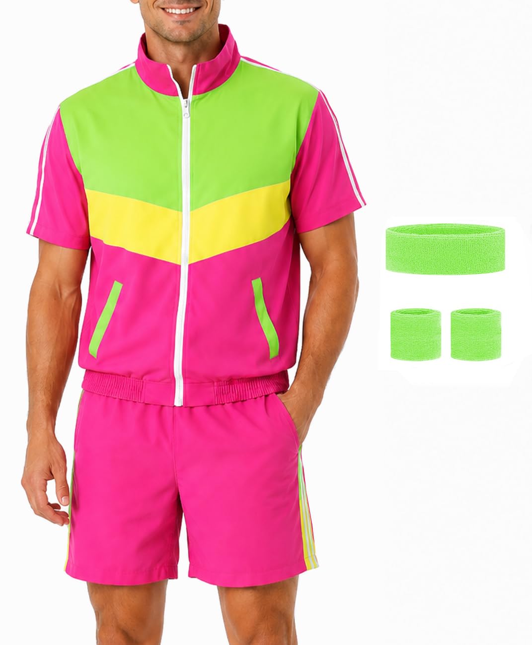 Coseaon 80s 90s Outfit for Men, Tracksuit, Shorts Set, Men's 80s 90s Retro Jacket Outfits, Costume for Party (Rose Green, M)