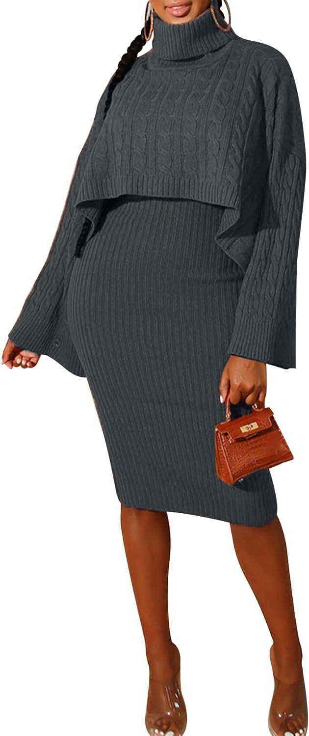 Unybwonn Women's 2 Piece Outfits Sets Knitted Long Sleeve Turtleneck Sweaters Tank Bodycon Midi Dress Set