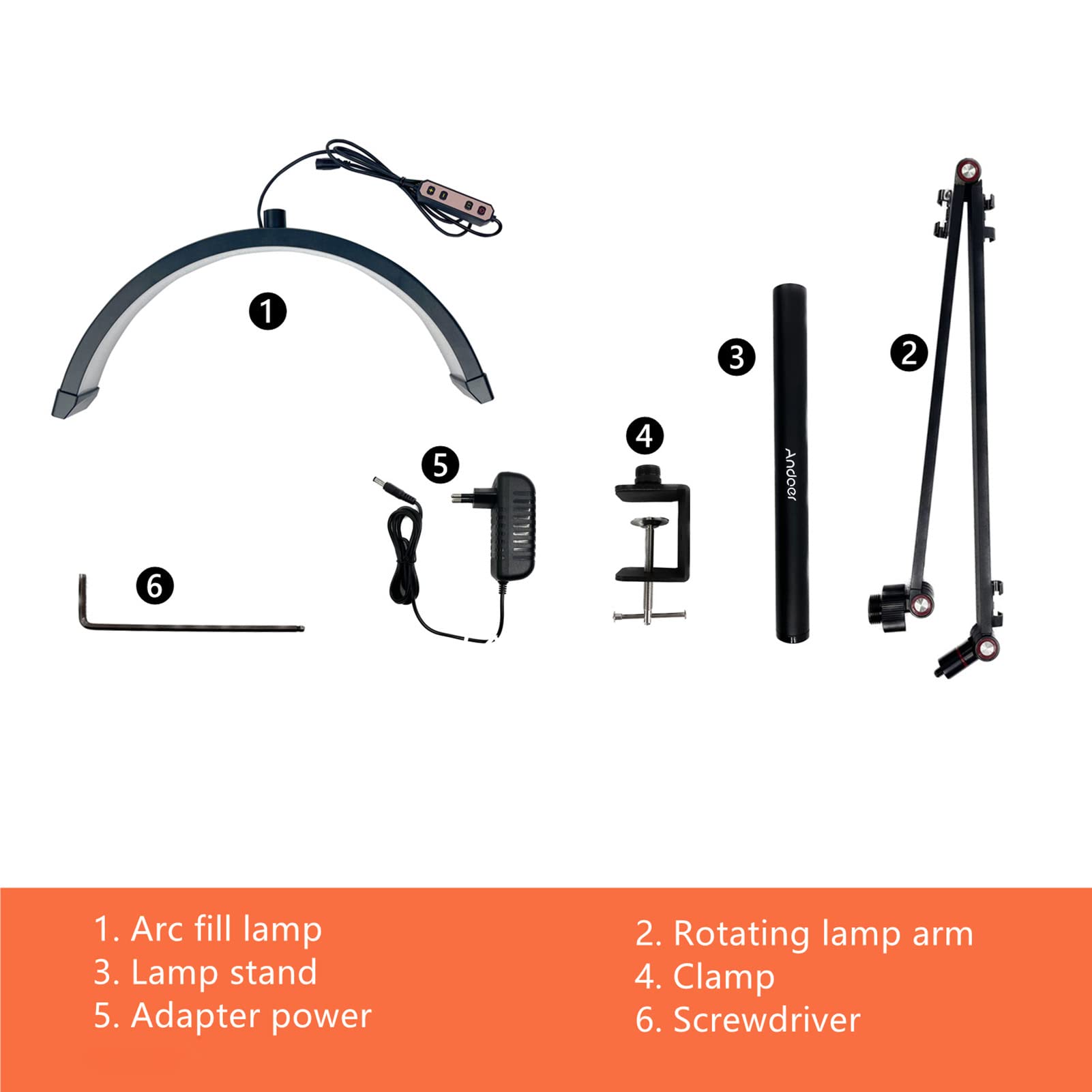 Andoer HD-M3X, luce LED, luce di riempimento mezzaluna, 3000-6000 K, dimmerabile, morsetto C, supporto metallico, per tatuaggi, ciglia, trucco live streaming