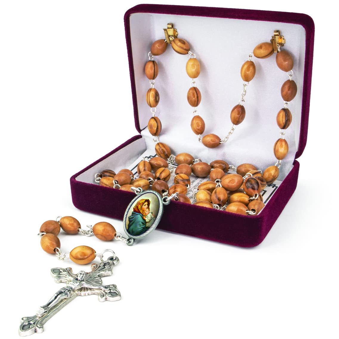 TREE OF LIFE REV. 22:14Wooden Catholic Rosary Necklace from Israel, Olive Wood Rosary Beads with Icon Portrait & Crucifix Cross Pendant, Wood, No Gemstone