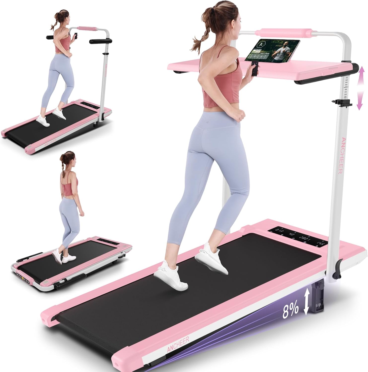 ANCHEER Walking Pad Treadmill with Incline&Adjustable Height,4 in 1 Under Desk Treadmills with Removable Desk Workstation,Foldable Treadmill for Home 300lbs Max,3 Type Control,Installation-Free