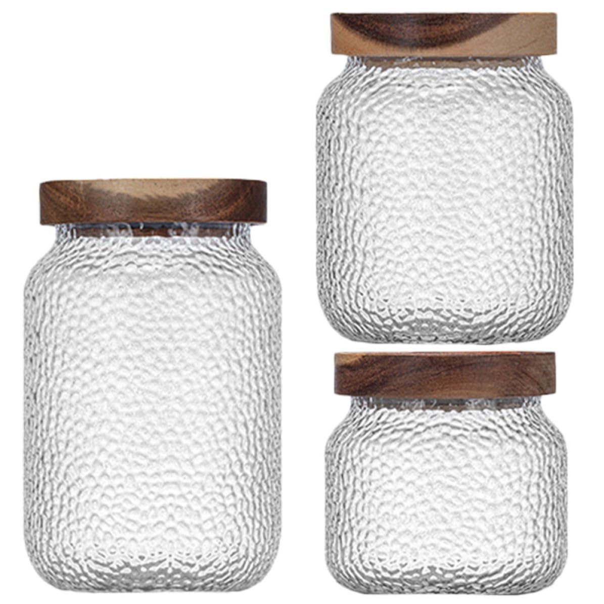 Tarros Herméticos Capacidad 350ml, 500ml y 700ml Juego de 3 de Vidrio con Tapa de Madera de Acacia Recipientes Multipropósito para Almacenamiento de Café y Té