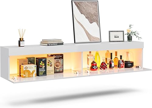 longmaya Soporte de TV flotante de 70 pulgadas, moderno estante de TV colgante de pared con luces LED y armario de almacenamiento, centro de