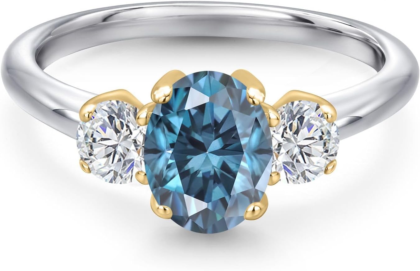 Gem Stone King 925 Silver and 10K Yellow Gold Persian Blue Moissanite and Lab Grown Diamond Engagement Ring For Women | 1.92 Cttw | Oval 8X6MM | Gemstone Birthstone - Image 3