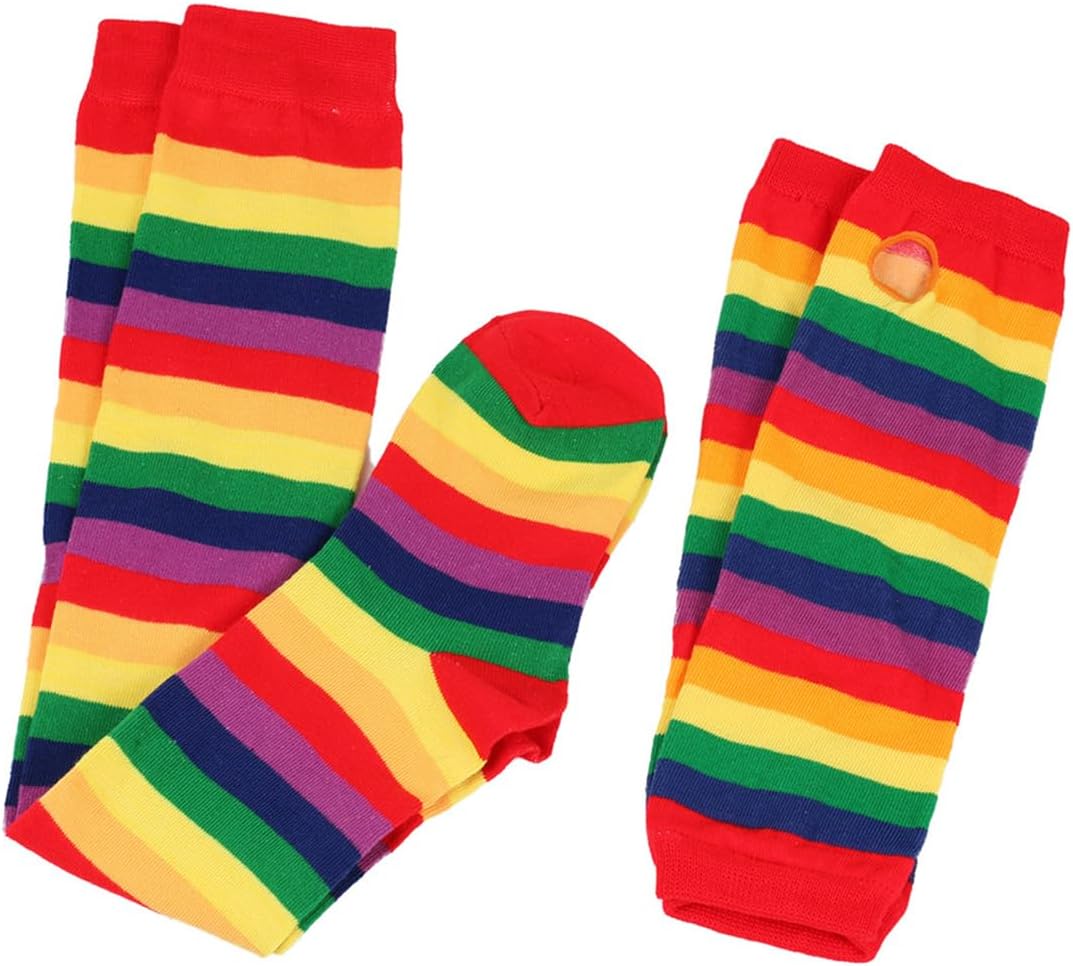 Over Knee Rainbow Thigh High Socks Gloves Set Rainbow Striped Fingerless Gloves Arm Leg Warmers Costume Accessories