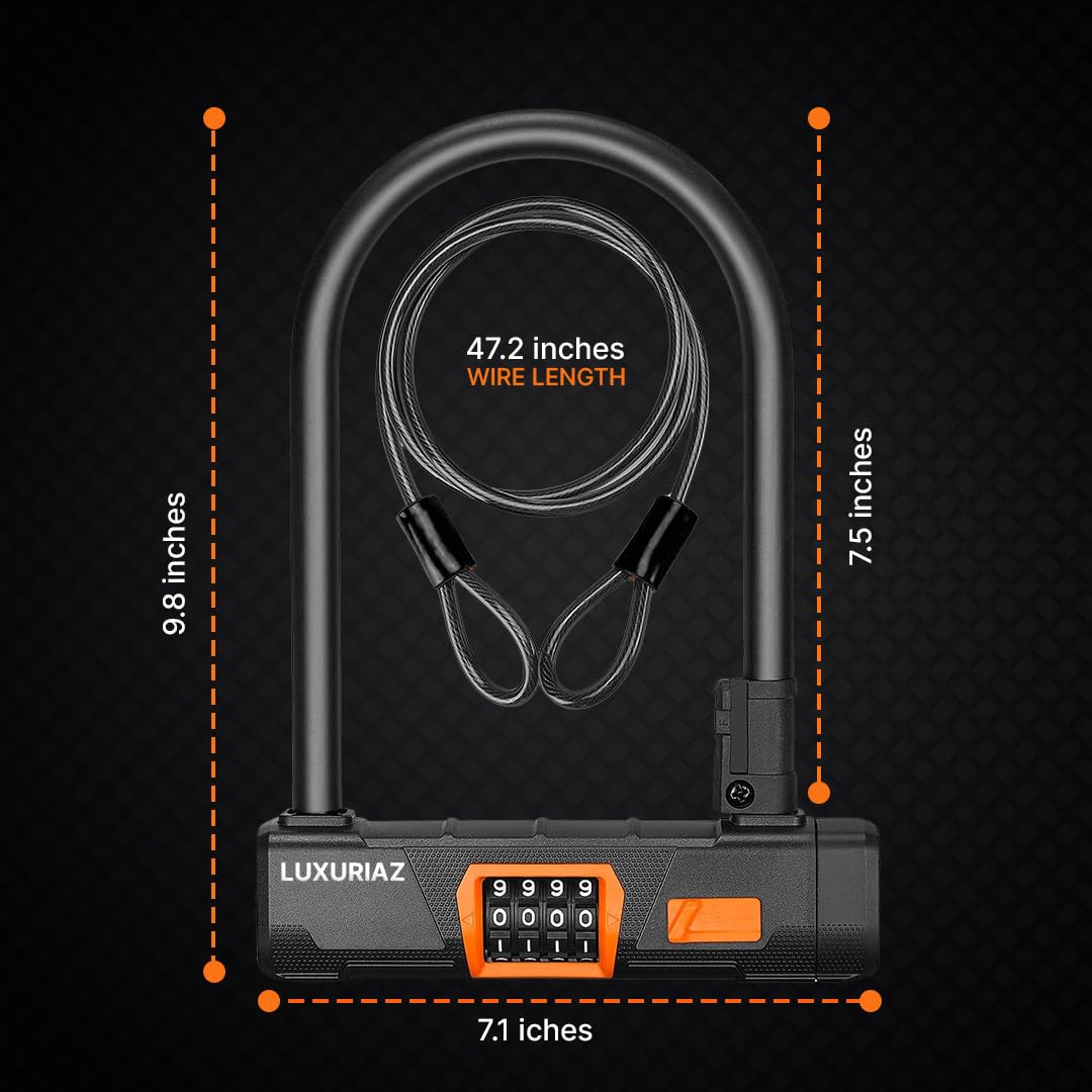 Candado en U resistente para bicicleta con cable de acero de 5 pies, candado antirrobo para bicicleta, código reajustable de 4 dígitos, seguro para bicicletas eléctricas, scooters y motocicletas