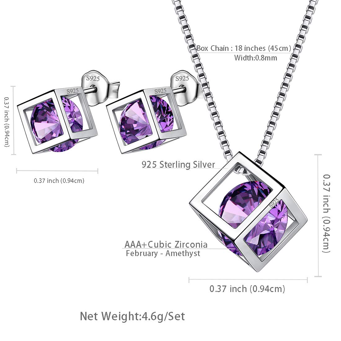Aurora Tears 925 Sterling Silber Birthstone Halsketten Ohrstecker Schmuck Sets Geschenke Quadrat Birthstone Anhänger für Frauen und Mädchen