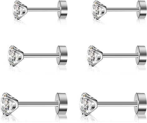 3 Pairs Titanium Cubuic Zirconia Stud Earrings for Women Men CZ Hypoallergenic Flat Back Earrings Silver Girls Earring Studs Set for Cartilage 3mm-5mm