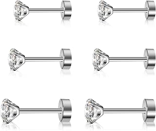3 Pairs Titanium Cubuic Zirconia Stud Earrings for Women Men CZ Hypoallergenic Flat Back Earrings Silver Girls Earring Studs Set for Cartilage 3mm-5mm