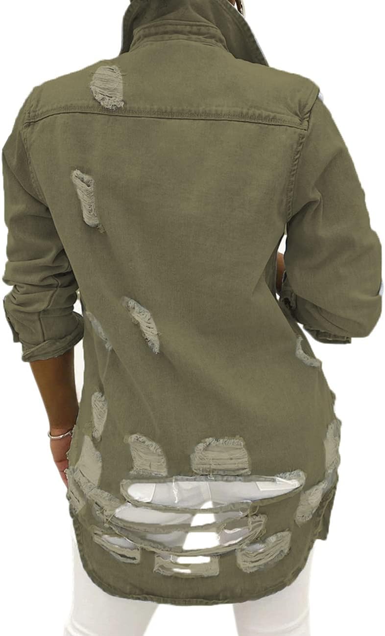 SeNight Women's Jean Jacket Long Sleeve Classic Distressed Fray Hem Tassels Denim Trucker Jackets - Image 2