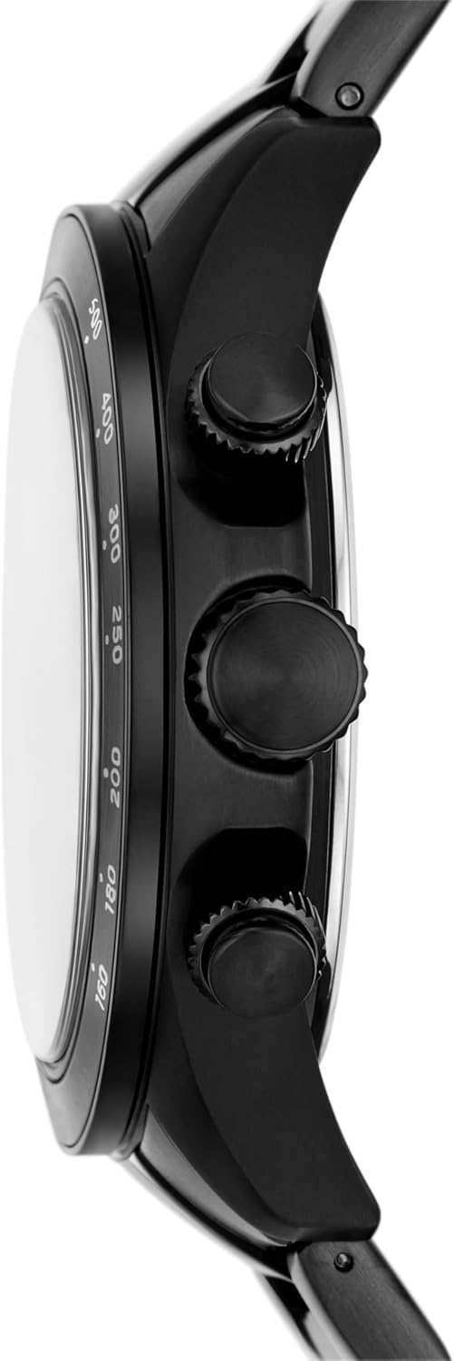 Ġenb view of the Fossil Autocross watch, highlighting the crown and pushers.