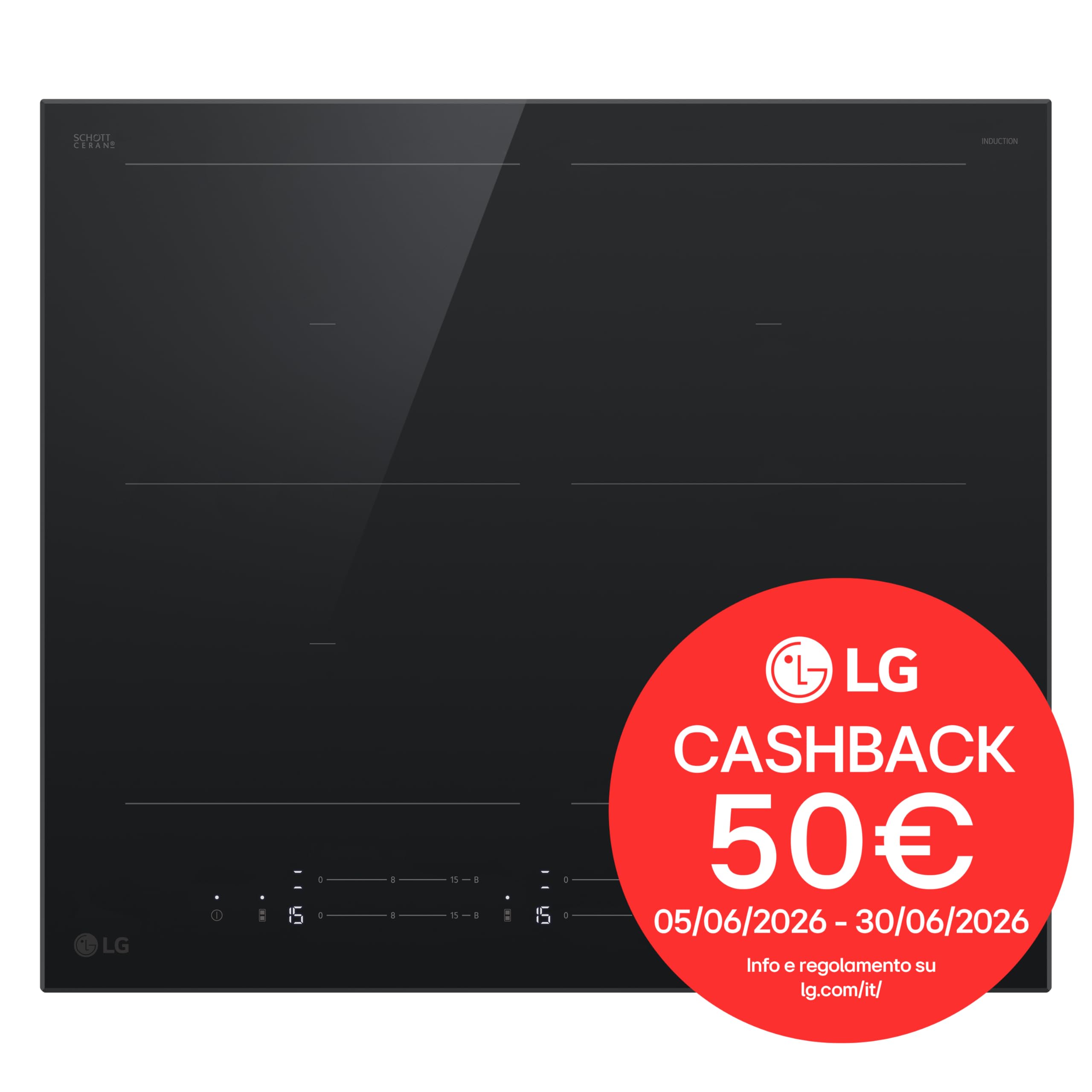 LG CBIZ2437B Piano Cottura Induzione 60cm, Potenza da 2,5 a 7,4kW, 4 Zone Totali, 2 Zone Flex, 15 Livelli di Potenza + Boost, Controlli Touch Slide Indipendenti, Wi-Fi, Vetro Ceramico SCHOTT, Nero