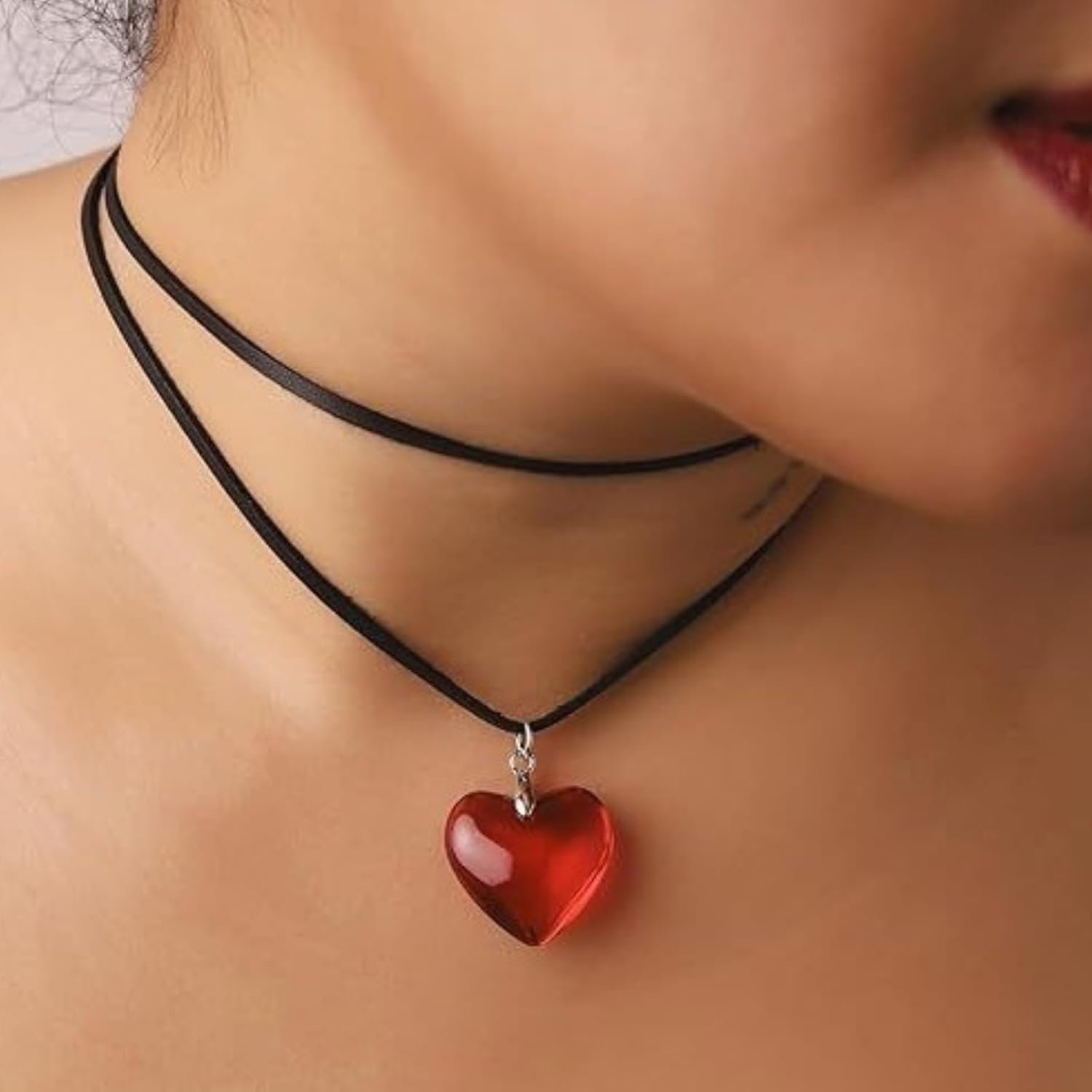 Red Heart Necklace Pendant Necklace Y2K Jewelry Puffy Heart Choker Red Accessories for Women Valentines Necklace - Image 2