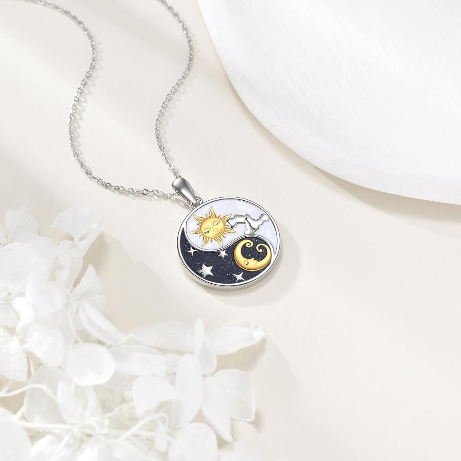 URONE Yin Yang Necklace 925 Sterling Silver Sun Moon Pendant Necklace Yin Yang Jewelry Gifts for Women - Image 3