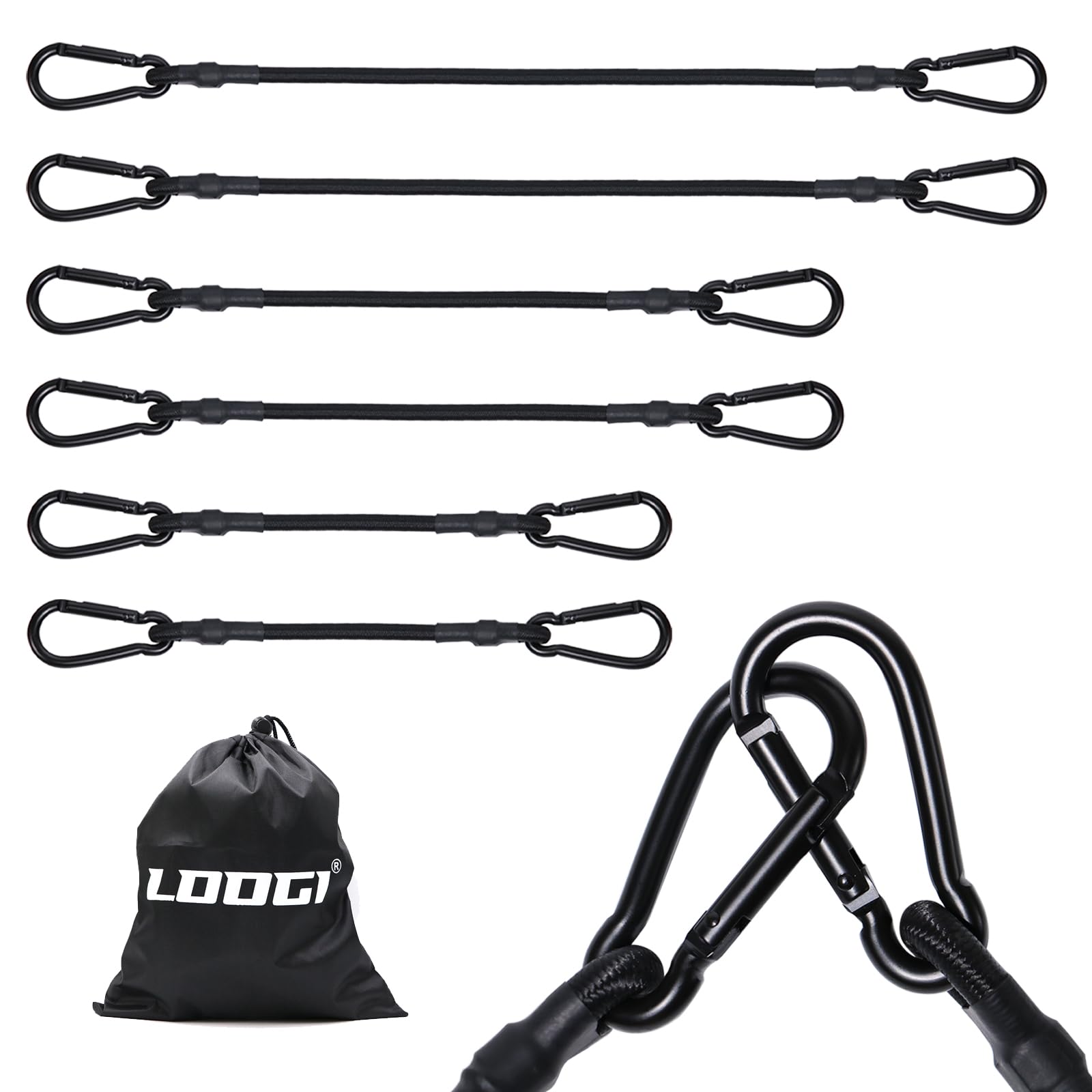 Loogi Black Bungee Cords With Carabiner – 2 * 12 Inch, 2 * 24 Inch, 2 * 40 Inch Heavy Duty Long Elastic Straps, Extra Strong Bungee Ropes With Hook For Bike Racks, Roof Racks, Luggage, Camping