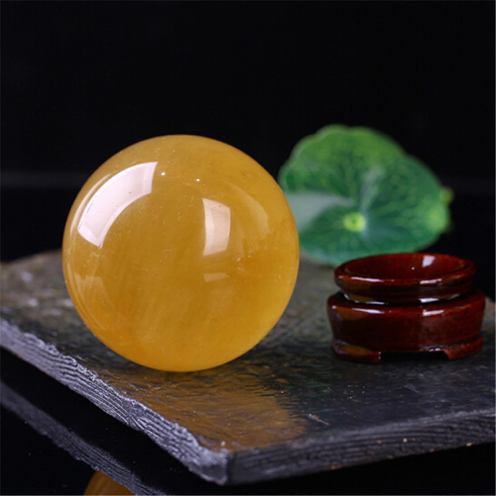 Bola de Esfera de Cristal de Citrino Natural Feng Shui con Soporte de Madera, Bola de Cristal Grande de Cuarzo Curativo para Meditación de Equilibrio Reiki Decoración del Hogar,12cm/4.7in