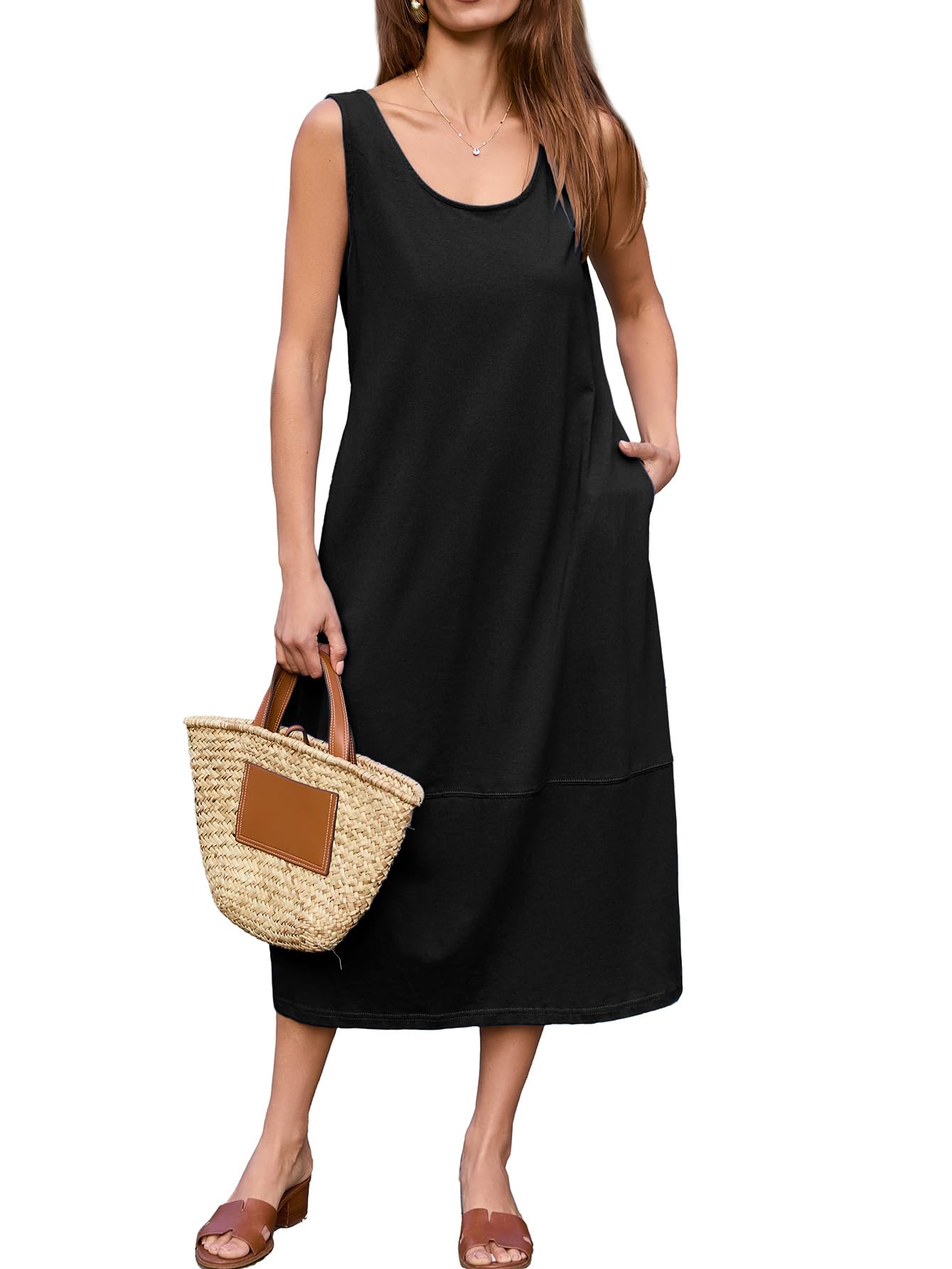 BerryGo Women's Loose Casual Midi Cotton Dresses Sundress Sleeveless Beach Summer Trendy Tank Top Dress with Pockets
