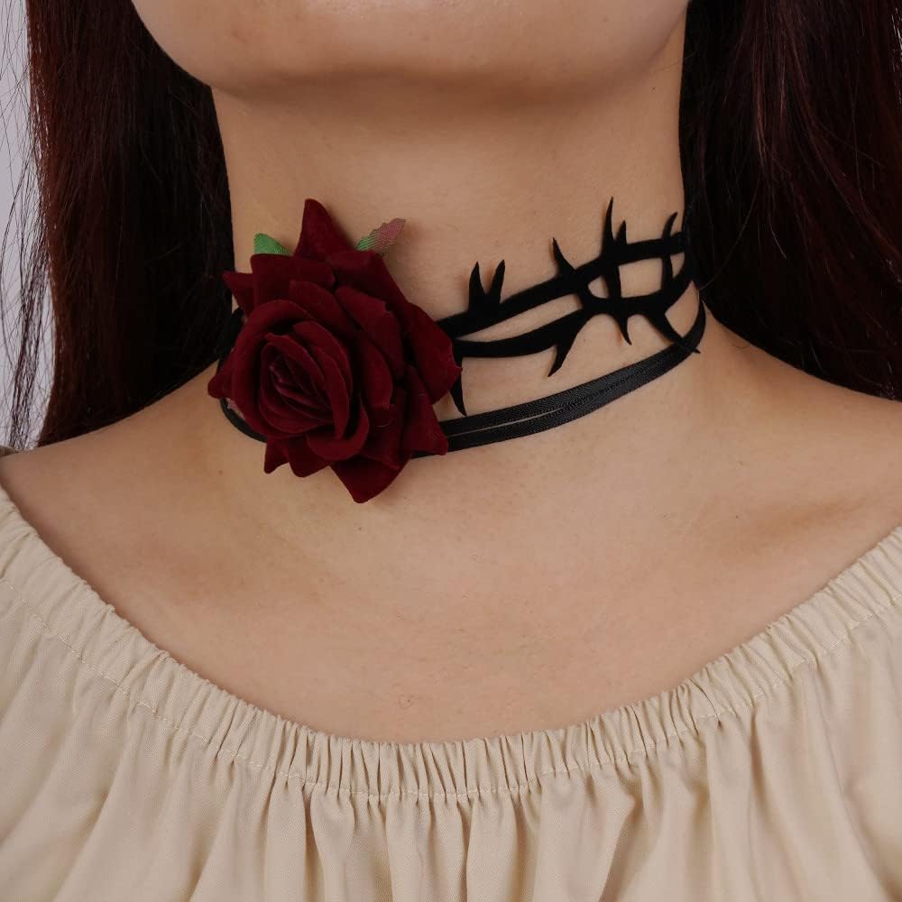 wekicici Gothic Red Rose Black Choker Necklace Retro Floral Flower Vampire Collar Necklace for Halloween Cosplay Party Prom - Image 2